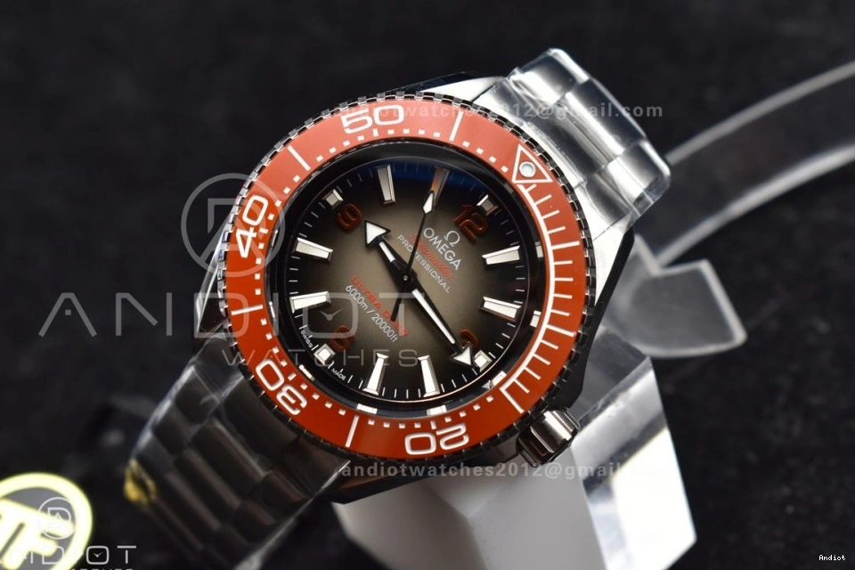 A2824 Ceramic Deep Edition 1:1 Bezel TF Orange Dial Best SS 6000M Seamaster on Gray Bracelet SS Ultra 1224